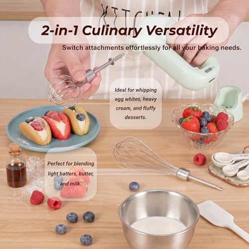 Wynboop Colorful Mini Cordless Hand Mixer, Self-Standing USB Rechargeable Handheld Egg Beater with 4 Speeds & 2 Whisks, Lightweight Portable Electric Whisk for Kitchen Baking and Cooking(White) - My Kitchen Products