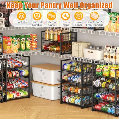 X-cosrack 2 Packs Stackable Can Rack Organizer for Pantry, 2-Tier Sturdy Adjustable Pantry Can Storage Organizer for Canned Food Can Goods, Kitchen Can Dispenser Holder for Soda Drinks Snack, Black - My Kitchen Products