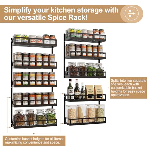 X-cosrack Wall Mount Spice Rack Organizer 5 Tier Height-Adjustable Hanging Spice Shelf Storage for Kitchen Pantry Cabinet, Dual-Use Seasoning Holder Rack with Hooks, Black-Patented - My Kitchen Products