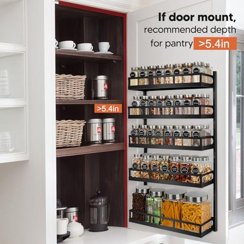 X-cosrack Wall Mount Spice Rack Organizer 5 Tier Height-Adjustable Hanging Spice Shelf Storage for Kitchen Pantry Cabinet, Dual-Use Seasoning Holder Rack with Hooks, Black-Patented - My Kitchen Products