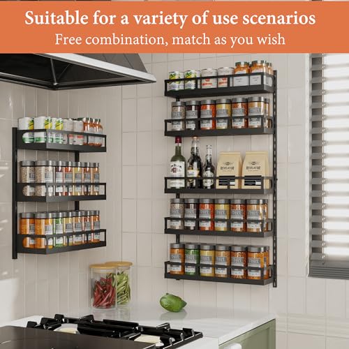 X-cosrack Wall Mount Spice Rack Organizer 5 Tier Height-Adjustable Hanging Spice Shelf Storage for Kitchen Pantry Cabinet, Dual-Use Seasoning Holder Rack with Hooks, Black-Patented - My Kitchen Products