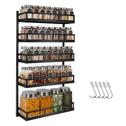 X-cosrack Wall Mount Spice Rack Organizer 5 Tier Height-Adjustable Hanging Spice Shelf Storage for Kitchen Pantry Cabinet, Dual-Use Seasoning Holder Rack with Hooks, Black-Patented - My Kitchen Products