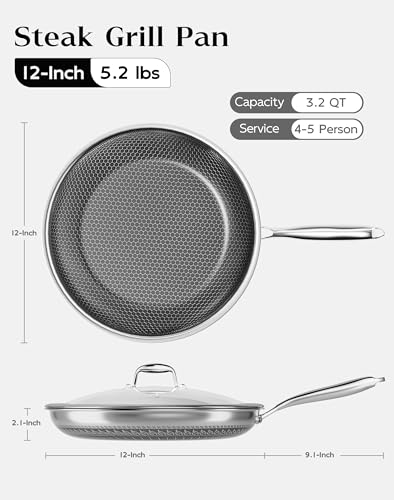 XBM Nonstick Frying Pan with Lid 12-Inch, Durable Stainless Steel Skillet, Induction Cooktop Compatible, PFOA-Free Scratch-Proof, Dishwasher & Oven Safe, Stay-Cool Handle, Silver Kitchen Cookware - My Kitchen Products