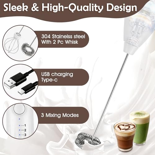 XSBAIHUO Milk Frother Handheld Rechargeable, Frother Wand Drink Mixer Electric Whisk for Coffee, Detachable With 2 Stainless Whisks, Hand Mixer for Lattes, Matcha, Egg(White) - My Kitchen Products