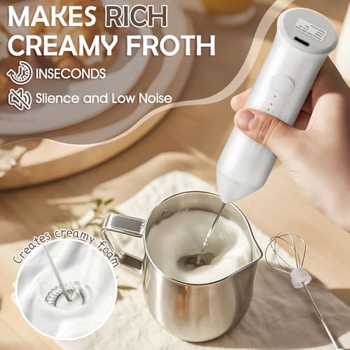 XSBAIHUO Milk Frother Handheld Rechargeable, Frother Wand Drink Mixer Electric Whisk for Coffee, Detachable With 2 Stainless Whisks, Hand Mixer for Lattes, Matcha, Egg(White) - My Kitchen Products