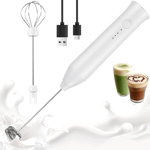 XSBAIHUO Milk Frother Handheld Rechargeable, Frother Wand Drink Mixer Electric Whisk for Coffee, Detachable With 2 Stainless Whisks, Hand Mixer for Lattes, Matcha, Egg(White) - My Kitchen Products