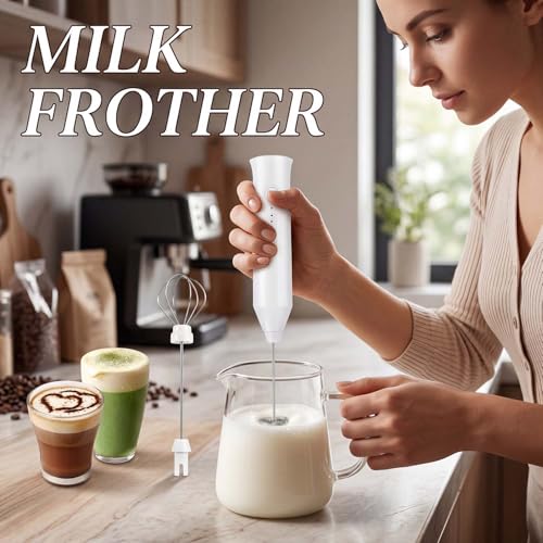 XSBAIHUO Milk Frother Handheld Rechargeable, Frother Wand Drink Mixer Electric Whisk for Coffee, Detachable With 2 Stainless Whisks, Hand Mixer for Lattes, Matcha, Egg(White) - My Kitchen Products