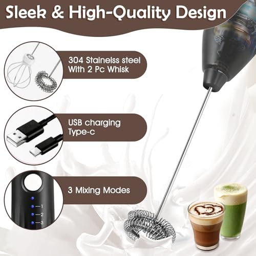 XSBAIHUO Milk Frother Handheld Rechargeable, Frother Wand Drink Mixer Electric Whisk for Coffee, Detachable With 2 Stainless Whisks, Hand Mixer for Lattes, Matcha, Egg, Kitchen Gifts(Black) - My Kitchen Products
