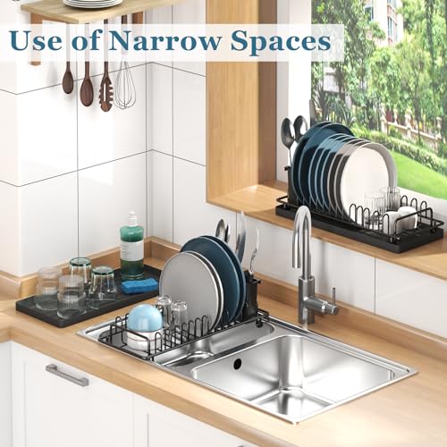 XYZLVSI Compact Small Dish Rack Sink Drying Rack with Silicone Mat, Stainless Steel Dish Drainer for Kitchen Cabinet, Kitchen Sink Rack,Dish Holder, Black - My Kitchen Products