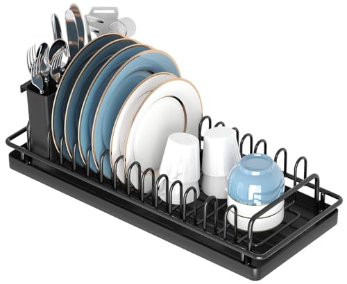XYZLVSI Compact Small Dish Rack Sink Drying Rack with Silicone Mat, Stainless Steel Dish Drainer for Kitchen Cabinet, Kitchen Sink Rack,Dish Holder, Black - My Kitchen Products