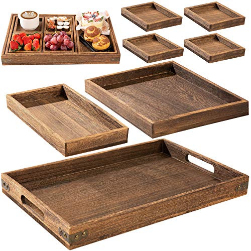 Yangbaga Rustic Wooden Serving Trays with Handle, Set of 7 Rectangular Platters for Entertaining, Breakfast, Coffee