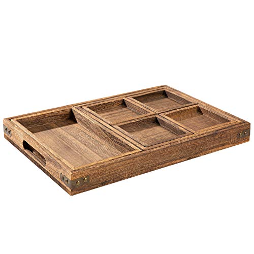 Yangbaga Rustic Wooden Serving Trays with Handle - Set of 7 Rectangular Platters for Entertaining, Breakfast, Coffee Table, Home Decor - My Kitchen Products
