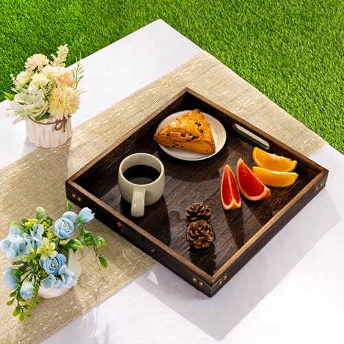 Yangbaga Serving Tray with Handles,13"*13"Wood Decorative Tray for Living Room,Modern Coffee Table Tray,Square Large Serving Platters for Home Decor,Ottoman,Bed,Kitchen,Bathroom, Breakfast,Bar - My Kitchen Products
