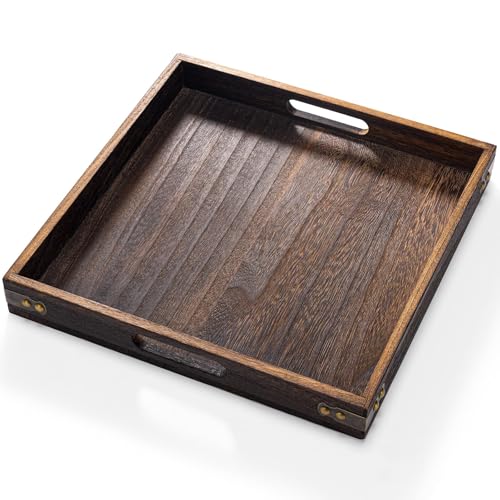 Yangbaga Serving Tray with Handles,13"*13"Wood Decorative Tray for Living Room,Modern Coffee Table Tray,Square Large Serving