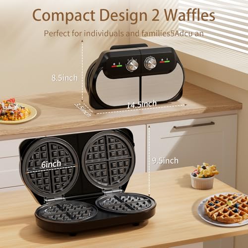 YASHE Double Waffle Maker 6 Inch, 1400W Belgian Waffle Maker for Breakfast and Snacks, Stainless Steel Waffle Iron with Nonstick Plates, Temperature Knob, Cool-Touch Handles - My Kitchen Products