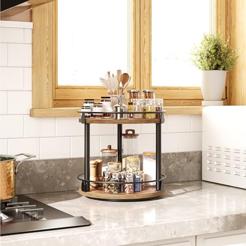 YATINEY Lazy Susan Organizer, Rotating Spice Rack, 2 Tier Spice Turntable Organizer, Industrial Turntable Spice Holder, for Kitchen Countertop and Cabinet, Compact and Versatile, Rustic Brown SR22BR - My Kitchen Products