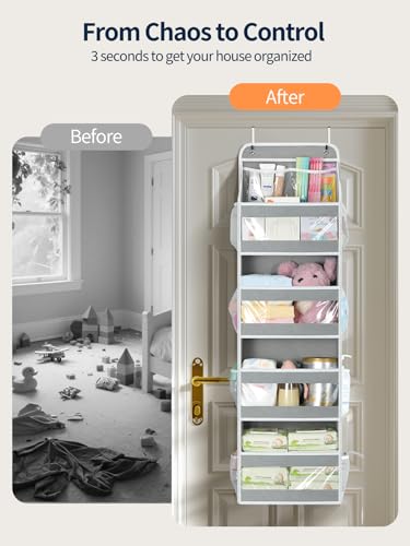 Yecaye 5 Tier Over the Door Organizer, Swing-proof Door Organizer Hanging with Clear PVC Windows, Behind the Door Storage for Bedroom Nursery Closet Laundry Pantry Bathroom, Grey - My Kitchen Products