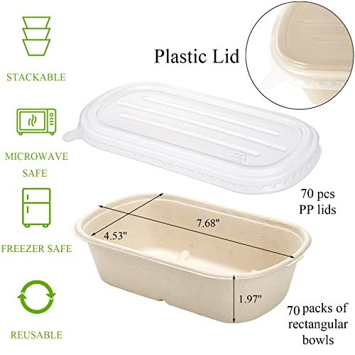 Yesland 70 Pack Compostable Take Out Food Containers with PP Lid, 23 Oz Bagasse to Go Containers Rectangular Disposable Paper Bowls, Biodegradable Meal Prep Food Container for Salad, Leftovers - My Kitchen Products
