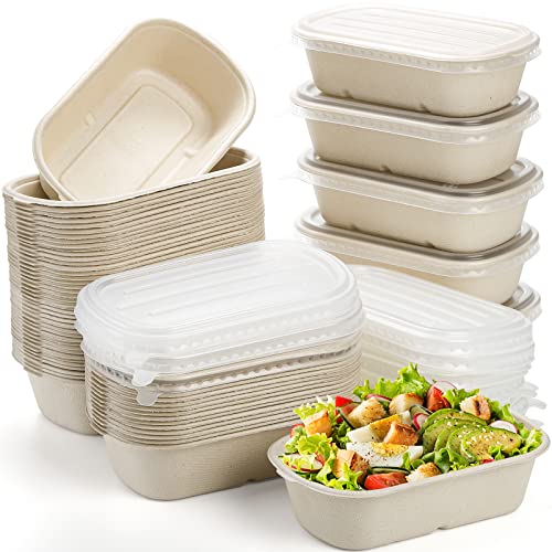 Yesland 70 Pack Compostable Take Out Food Containers with PP Lid, 23 Oz Bagasse to Go Containers Rectangular Disposable Paper Bowls, Biodegradable Meal Prep Food Container for Salad, Leftovers - My Kitchen Products