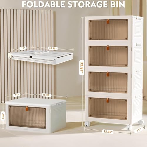 YFXCVSL 4 Tier Plastic Storage Bins with Lid 23QT, Stackable Storage Containers with Wheels, Folding Storage Boxes, Stackable Storage Bins, Organizers and Storage for Living Room,Office,Dorm - My Kitchen Products