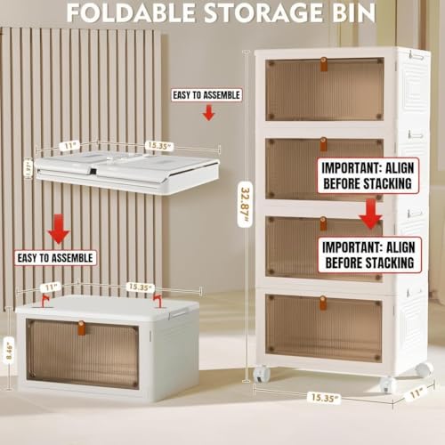 YFXCVSL 4 Tier Plastic Storage Bins with Lid 23QT, Stackable Storage Containers with Wheels, Folding Storage Boxes, Stackable Storage Bins, Organizers and Storage for Living Room,Office,Dorm - My Kitchen Products