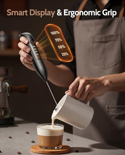 Yidianideals Electric Milk Frother Handheld: coffee frother rechargeable 3 in 1 - LED Display, Adjustable Wireless Charging - 3 Speeds, Stainless Steel Whisk for Latte, Cappuccino - Onyx Black - My Kitchen Products