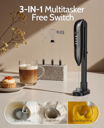 Yidianideals Electric Milk Frother Handheld: coffee frother rechargeable 3 in 1 - LED Display, Adjustable Wireless Charging - 3 Speeds, Stainless Steel Whisk for Latte, Cappuccino - Onyx Black - My Kitchen Products