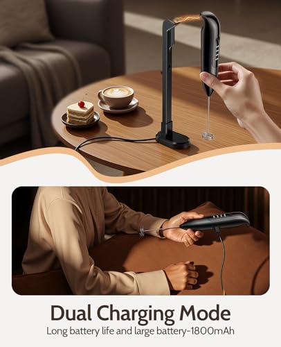 Yidianideals Electric Milk Frother Handheld: coffee frother rechargeable 3 in 1 - LED Display, Adjustable Wireless Charging - 3 Speeds, Stainless Steel Whisk for Latte, Cappuccino - Onyx Black - My Kitchen Products