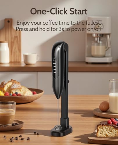 Yidianideals Electric Milk Frother Handheld: coffee frother rechargeable 3 in 1 - LED Display, Adjustable Wireless Charging - 3 Speeds, Stainless Steel Whisk for Latte, Cappuccino - Onyx Black - My Kitchen Products