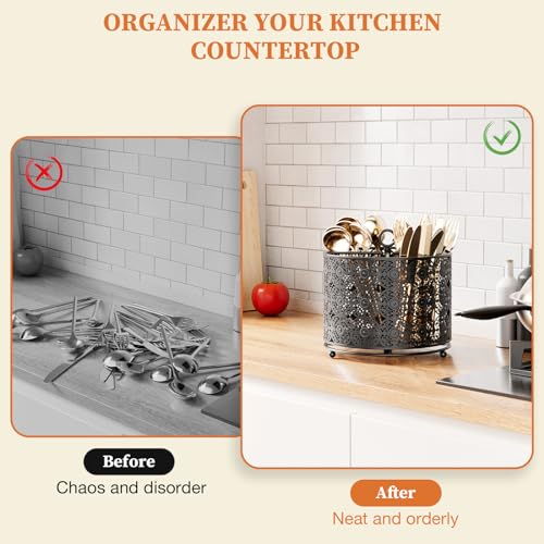 YIUKEA 360° Rotating Utensil Caddy Countertop - Cutlery Silverware Caddy Holder with 4 Compartment - Higher Raised Flatware Organizer with Handle for Party Kitchen Counter Office Black - My Kitchen Products