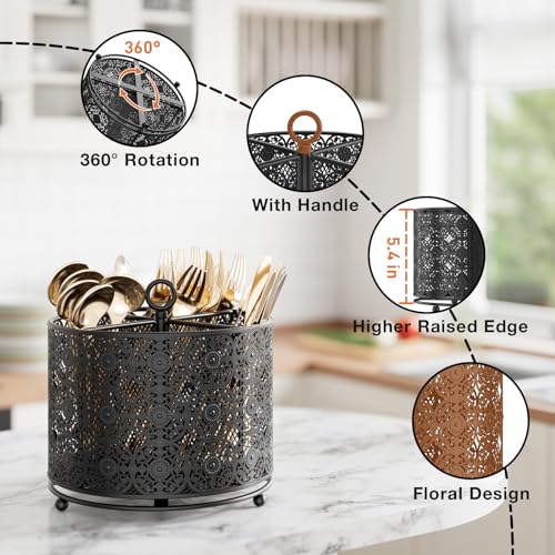YIUKEA 360° Rotating Utensil Caddy Countertop - Cutlery Silverware Caddy Holder with 4 Compartment - Higher Raised Flatware Organizer with Handle for Party Kitchen Counter Office Black - My Kitchen Products