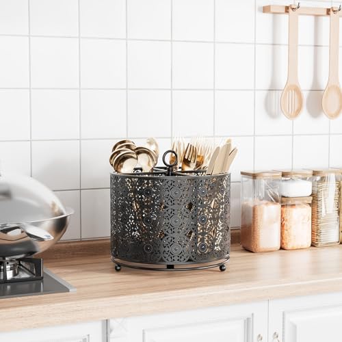YIUKEA 360° Rotating Utensil Caddy Countertop - Cutlery Silverware Caddy Holder with 4 Compartment - Higher Raised Flatware Organizer with Handle for Party Kitchen Counter Office Black - My Kitchen Products