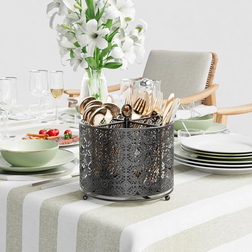 YIUKEA 360° Rotating Utensil Caddy Countertop - Cutlery Silverware Caddy Holder with 4 Compartment - Higher Raised Flatware Organizer with Handle for Party Kitchen Counter Office Black - My Kitchen Products
