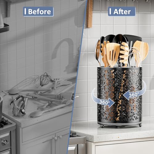 YIUKEA 360° Rotating Utensil Holder - Extra Large Cooking Utensils Caddy Counter Organizer with Instant-Dry and Removable Base for Kitchen Tools - My Kitchen Products