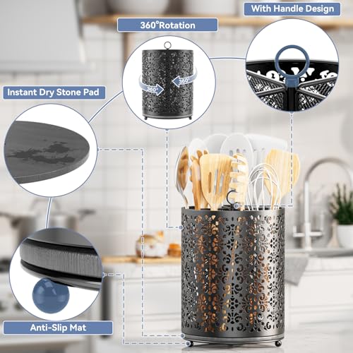 YIUKEA 360° Rotating Utensil Holder - Extra Large Cooking Utensils Caddy Counter Organizer with Instant-Dry and Removable Base for Kitchen Tools - My Kitchen Products