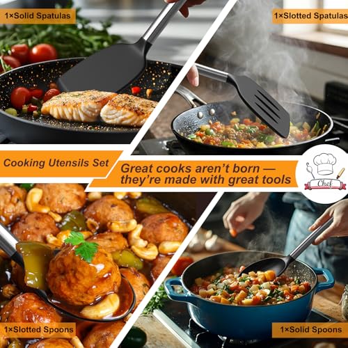 Yoehka Silicone Cooking Utensils Set for Nonstick Cookware, 4Pcs Heat Resistant Kitchen Silicone Spatula and Spoon Set with Stainless Steel Handle, Mixing, Flipping, Turning, Stirring, Black - My Kitchen Products