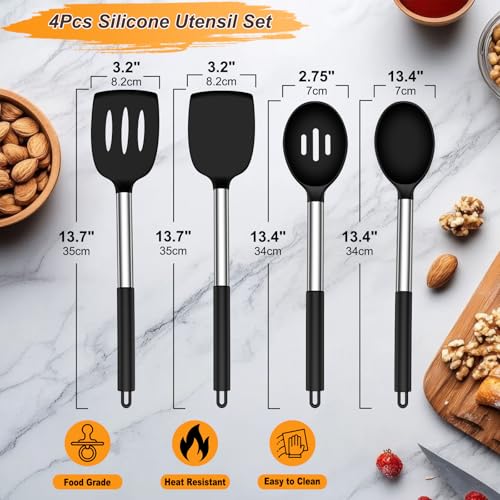 Yoehka Silicone Cooking Utensils Set for Nonstick Cookware, 4Pcs Heat Resistant Kitchen Silicone Spatula and Spoon Set with Stainless Steel Handle, Mixing, Flipping, Turning, Stirring, Black - My Kitchen Products