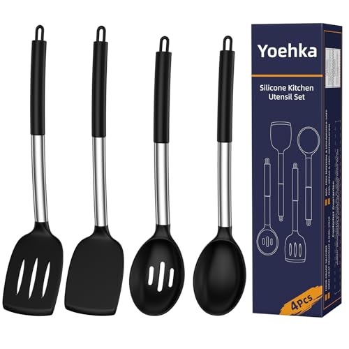 Yoehka Silicone Cooking Utensils Set for Nonstick Cookware, 4Pcs Heat Resistant Kitchen Silicone Spatula and Spoon Set with Stainless Steel Handle, Mixing, Flipping, Turning, Stirring, Black - My Kitchen Products