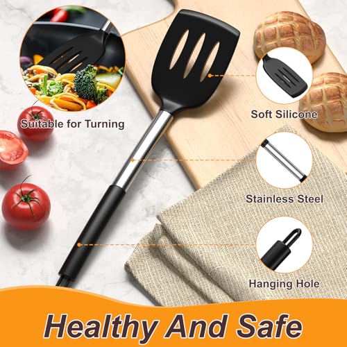 Yoehka Silicone Cooking Utensils Set for Nonstick Cookware, 4Pcs Heat Resistant Kitchen Silicone Spatula and Spoon Set with Stainless Steel Handle, Mixing, Flipping, Turning, Stirring, Black - My Kitchen Products