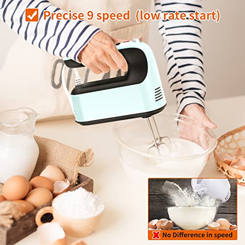 Yomelo 9-Speed Digital Hand Mixer Electric, 400W Powerful DC Motor, Hand Mixer Electric Handheld with Snap-On Storage Case, 5 Stainless Steel Accessories, Beaters, Dough Hooks, Whisk(Ice Blue/Black) - My Kitchen Products