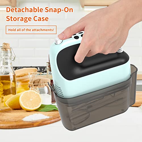 Yomelo 9-Speed Digital Hand Mixer Electric, 400W Powerful DC Motor, Hand Mixer Electric Handheld with Snap-On Storage Case, 5 Stainless Steel Accessories, Beaters, Dough Hooks, Whisk(Ice Blue/Black) - My Kitchen Products
