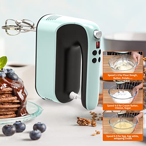 Yomelo 9-Speed Digital Hand Mixer Electric, 400W Powerful DC Motor, Hand Mixer Electric Handheld with Snap-On Storage Case, 5 Stainless Steel Accessories, Beaters, Dough Hooks, Whisk(Ice Blue/Black) - My Kitchen Products