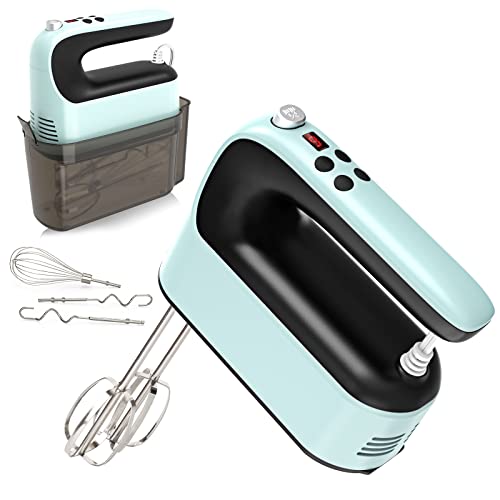 Yomelo 9-Speed Digital Hand Mixer Electric, 400W Powerful DC Motor, Hand Mixer Electric Handheld with Snap-On Storage Case, 5 Stainless Steel Accessories, Beaters, Dough Hooks, Whisk(Ice Blue/Black) - My Kitchen Products