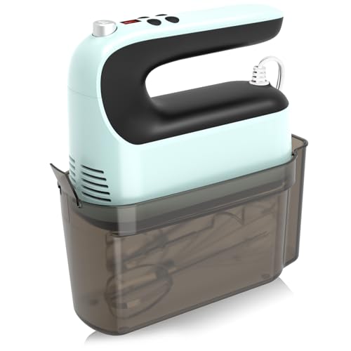 Yomelo 9-Speed Digital Hand Mixer Electric, 400W Powerful DC Motor, Hand Mixer Electric Handheld with Snap-On Storage Case, 5 Stainless Steel Accessories, Beaters, Dough Hooks, Whisk(Ice Blue/Black) - My Kitchen Products