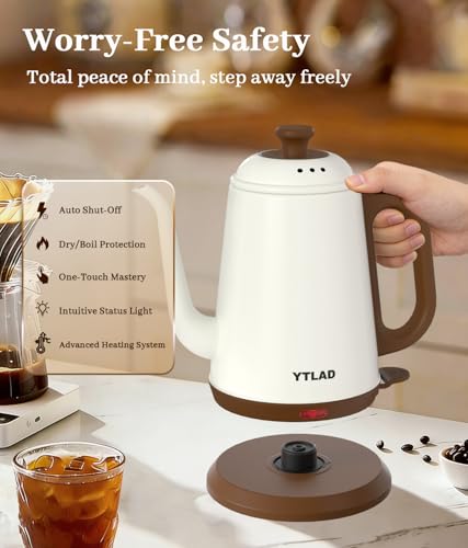 YTLAD Gooseneck Electric Kettle 1L, 1000W Fast Boiling for Pour-Over Coffee & Tea, 304 Stainless Steel BPA-Free, Precise Flow Spout, Auto Shut-Off & Boil-Dry Protection, Retro Style (White) - My Kitchen Products