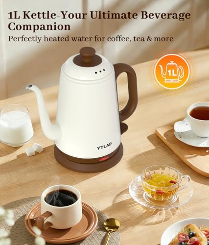 YTLAD Gooseneck Electric Kettle 1L, 1000W Fast Boiling for Pour-Over Coffee & Tea, 304 Stainless Steel BPA-Free, Precise Flow Spout, Auto Shut-Off & Boil-Dry Protection, Retro Style (White) - My Kitchen Products