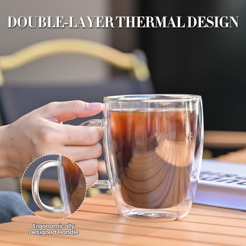 YUNCANG Double Wall Coffee Mugs, (4-Pcak) 16 Ounces-Clear Glass Cups with Handle,lnsulated,Cappuccino,Tea,Latte Cups,Beverage Glasses Heat Resistant - My Kitchen Products