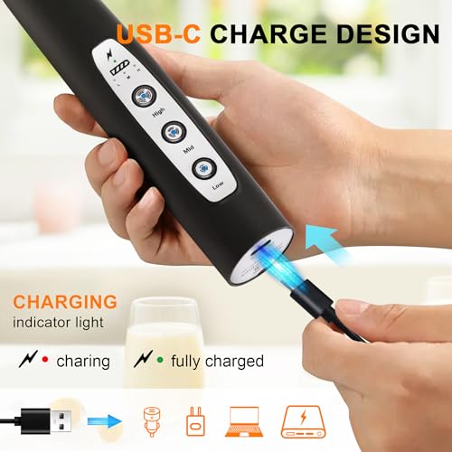 YUSWKO Black Handheld Milk Frother Wand for Coffee, Rechargeable Electric Whisk with 3 Heads 3 Speeds Drink Mixer Coffee Frother For Latte, Cappuccino, Hot Chocolate, Egg - My Kitchen Products