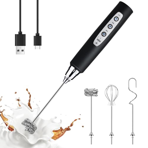 YUSWKO Black Handheld Milk Frother Wand for Coffee, Rechargeable Electric Whisk with 3 Heads 3 Speeds Drink Mixer Coffee Frother For Latte, Cappuccino, Hot Chocolate, Egg - My Kitchen Products