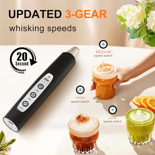 YUSWKO Black Handheld Milk Frother Wand for Coffee, Rechargeable Electric Whisk with 3 Heads 3 Speeds Drink Mixer Coffee Frother For Latte, Cappuccino, Hot Chocolate, Egg - My Kitchen Products